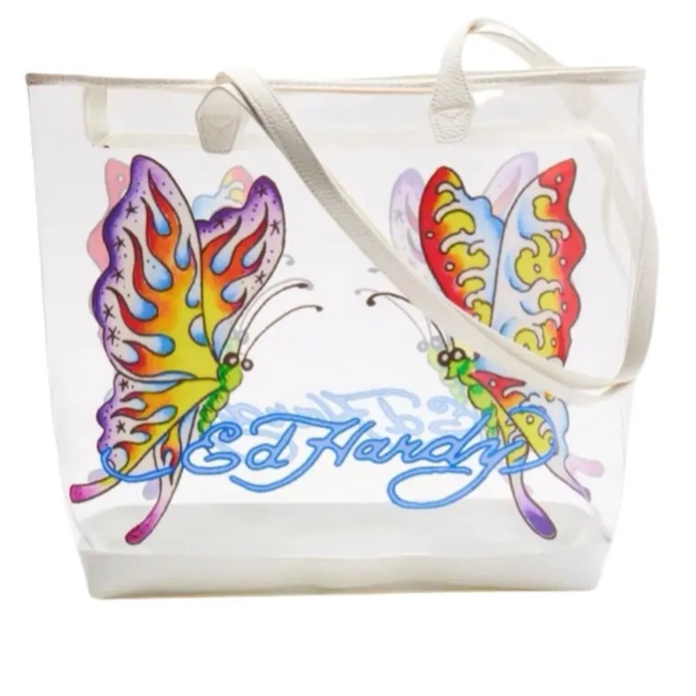 NWT ED HARDY Clear PVC Bag PURPLE BUTTERFLY Boho Shoulder Tote Purse